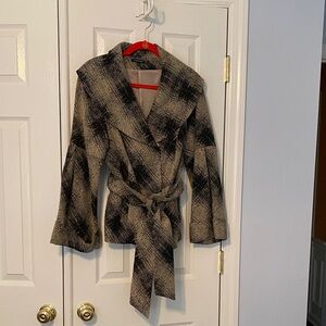 Samuel Dong Black and Tan shaw collar jacket with self belt